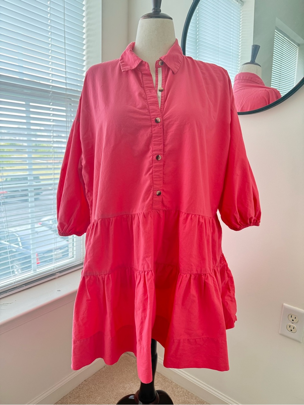 Free People Coral Tiered Button-Front Mini Dress